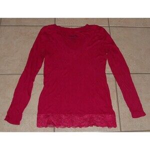 DECREE Magenta Sz Jr Large Stretchy Lace Trim Long Sleeve V-Neck Tee Shirt